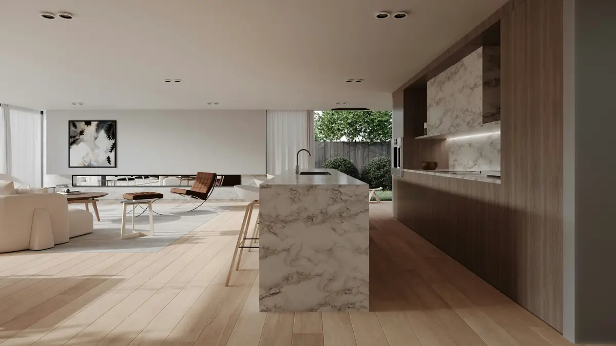 Open-plan living and kitchen with timber floors and joinery